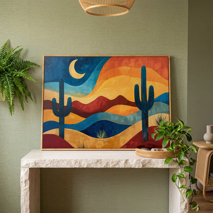 Saguaro Night. Desert Landscape Canvas Wall Art in white oak floating frame