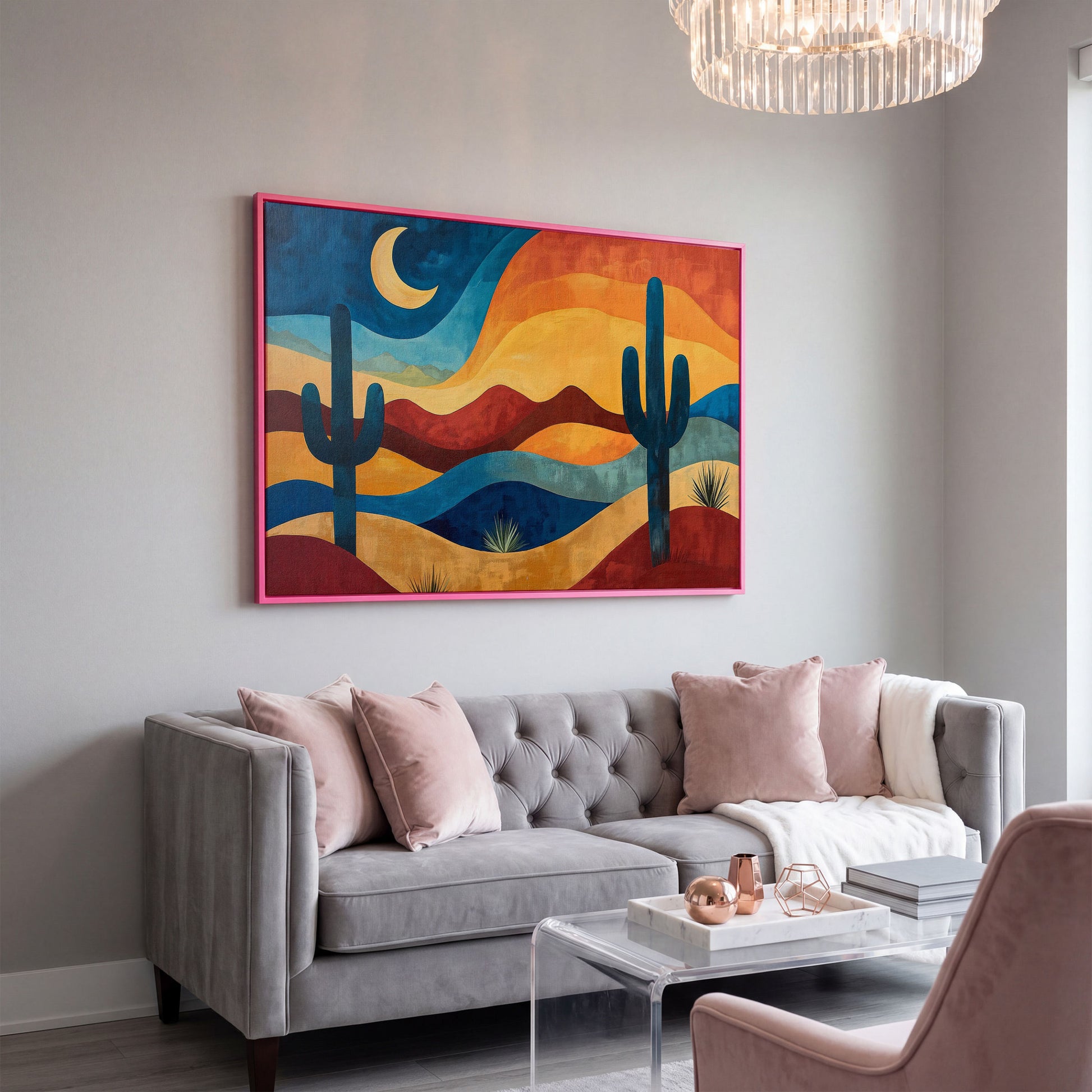 Saguaro Night. Desert Landscape Canvas Wall Art in pink floating frame