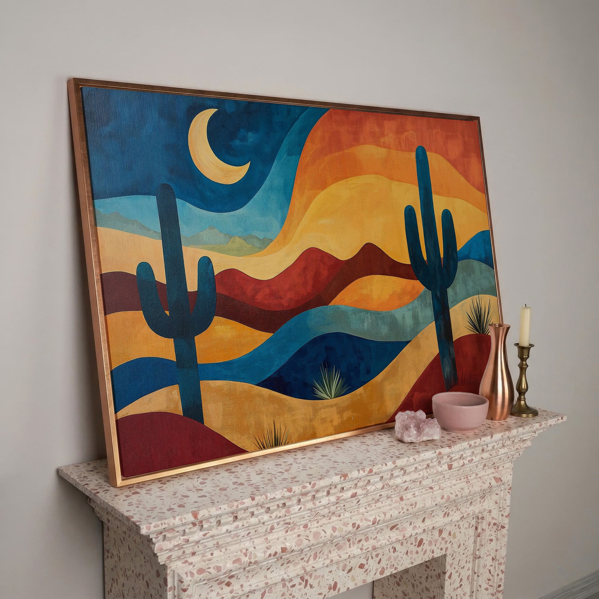 Saguaro Night. Desert Landscape Canvas Wall Art in rose gold floating frame