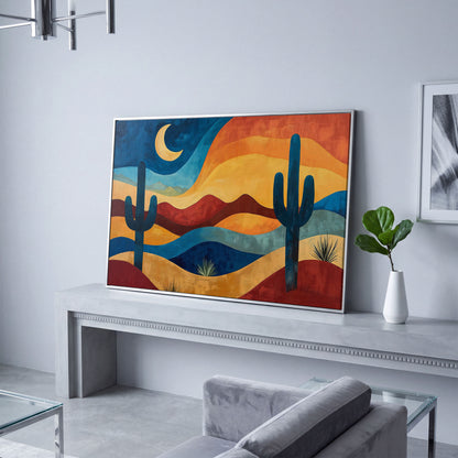 Saguaro Night. Desert Landscape Canvas Wall Art in silver floating frame
