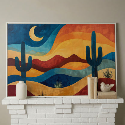 Saguaro Night. Desert Landscape Canvas Wall Art in white floating frame