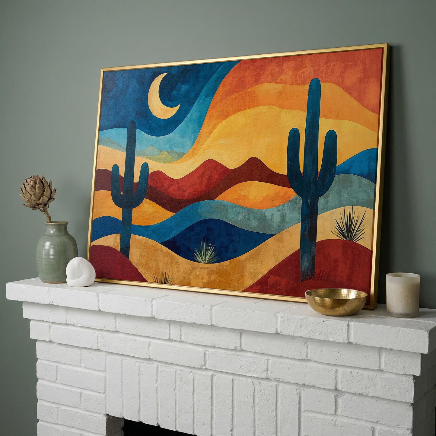 Saguaro Night. Desert Landscape Canvas Wall Art in yellow gold floating frame
