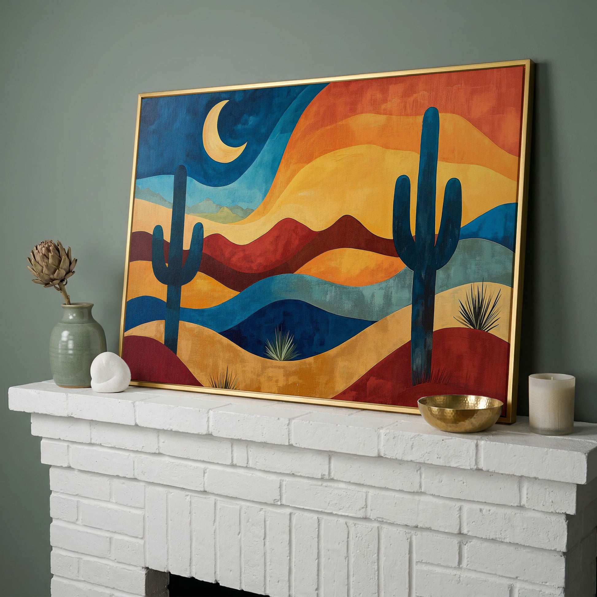 Saguaro Night. Desert Landscape Canvas Wall Art in yellow gold floating frame