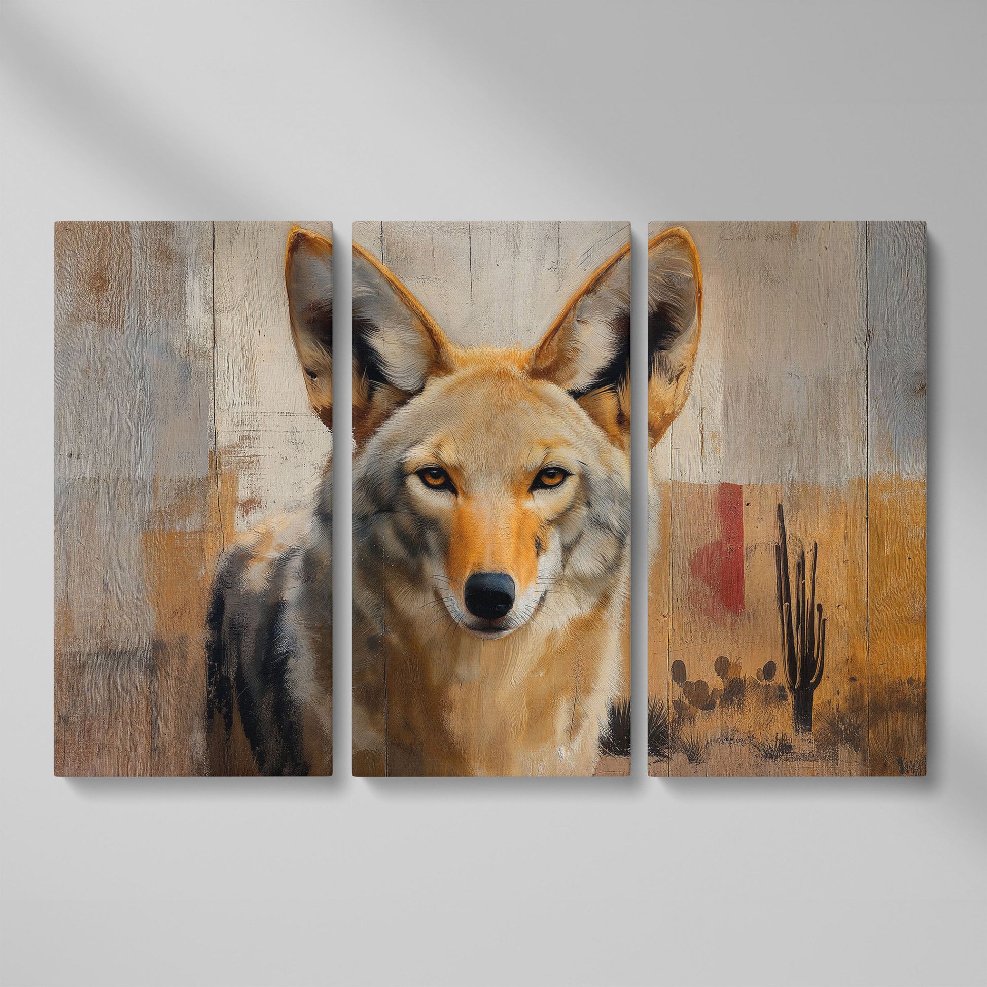 Coyote Portrait Canvas Art, Sonoran Desert with Saguaro Cacti as 3-panel split version