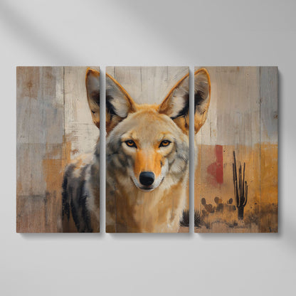 Coyote Portrait Canvas Art, Sonoran Desert with Saguaro Cacti as 3-panel split version
