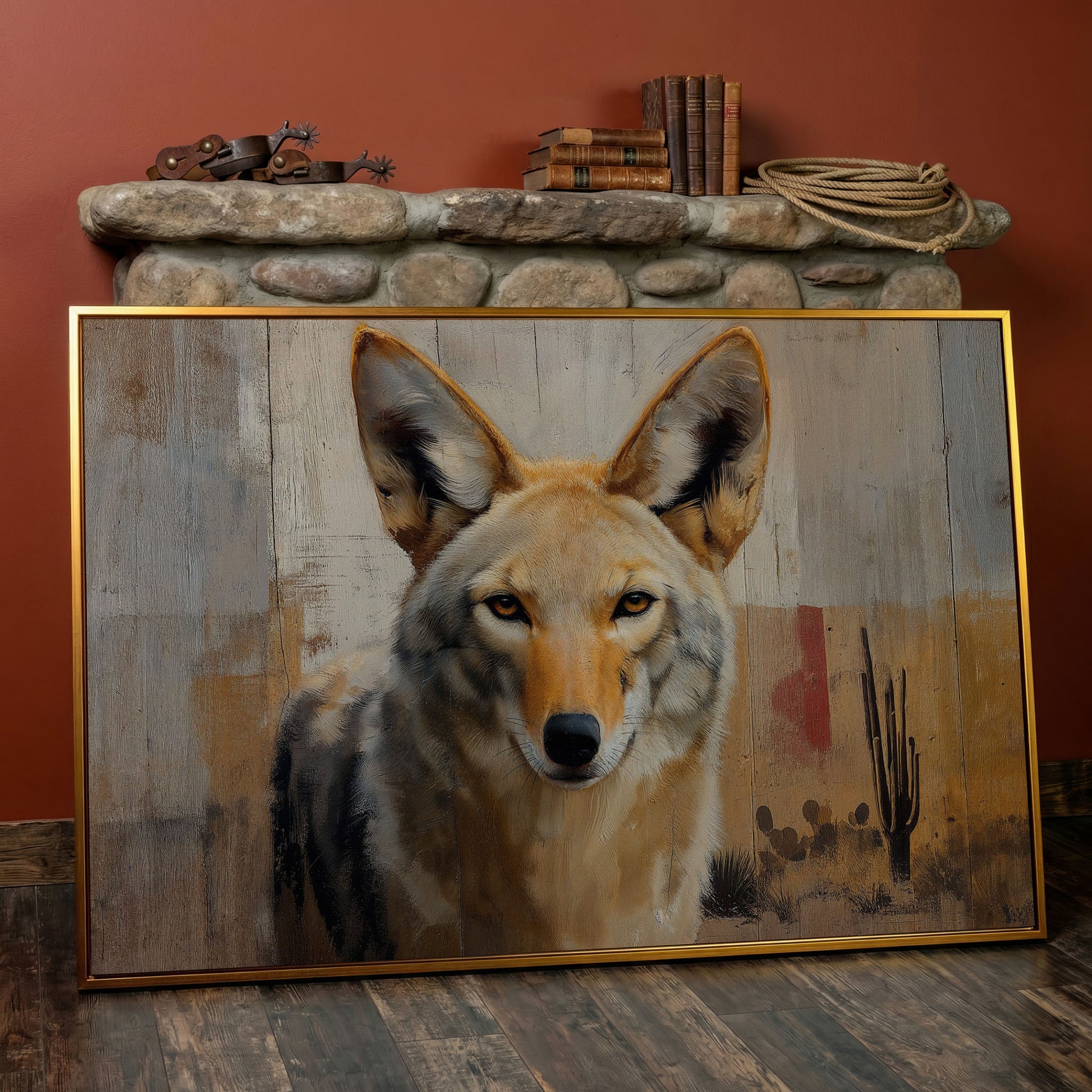 Coyote Portrait Canvas Art, Sonoran Desert with Saguaro Cacti in antique gold floating frame