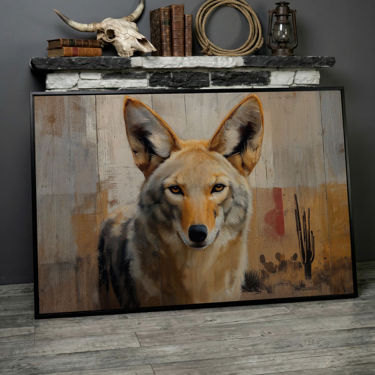 Coyote Portrait Canvas Art, Sonoran Desert with Saguaro Cacti in black floating frame