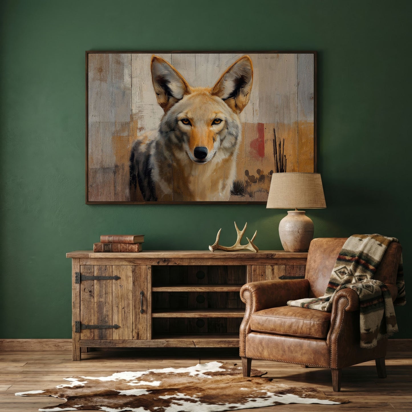 Coyote Portrait Canvas Art, Sonoran Desert with Saguaro Cacti in dark walnut floating frame