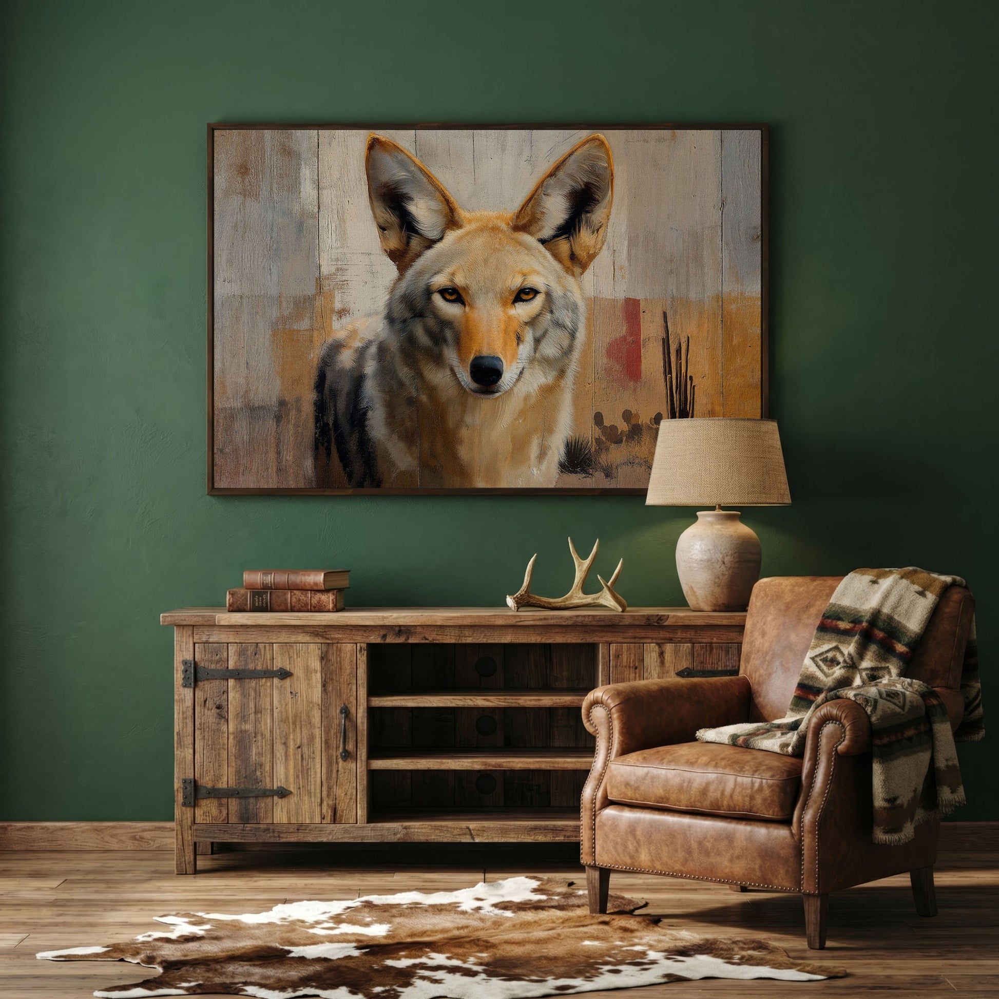 Coyote Portrait Canvas Art, Sonoran Desert with Saguaro Cacti in dark walnut floating frame