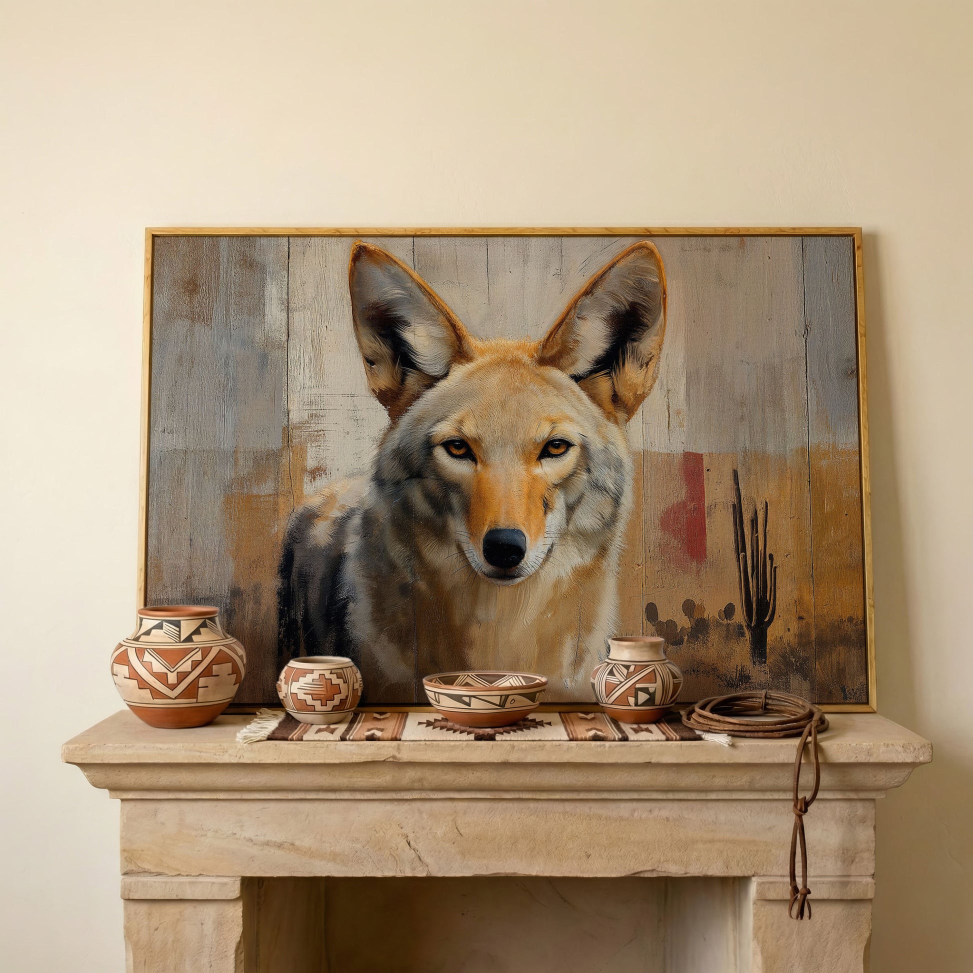 Coyote Portrait Canvas Art, Sonoran Desert with Saguaro Cacti in white oak floating frame