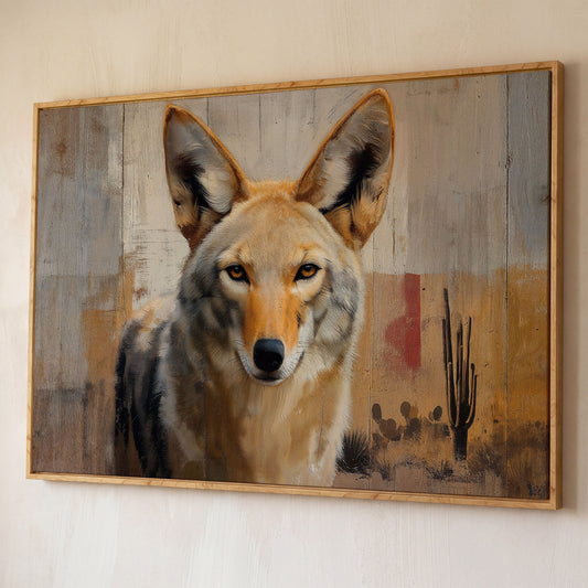 Coyote Portrait Canvas Art, Sonoran Desert with Saguaro Cacti shown in white oak floating frame