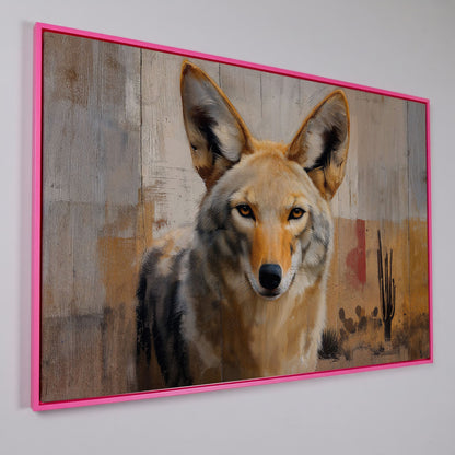 Coyote Portrait Canvas Art, Sonoran Desert with Saguaro Cacti in pink floating frame