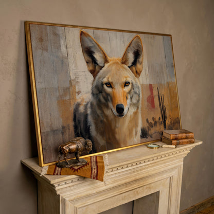 Coyote Portrait Canvas Art, Sonoran Desert with Saguaro Cacti in rose gold floating frame