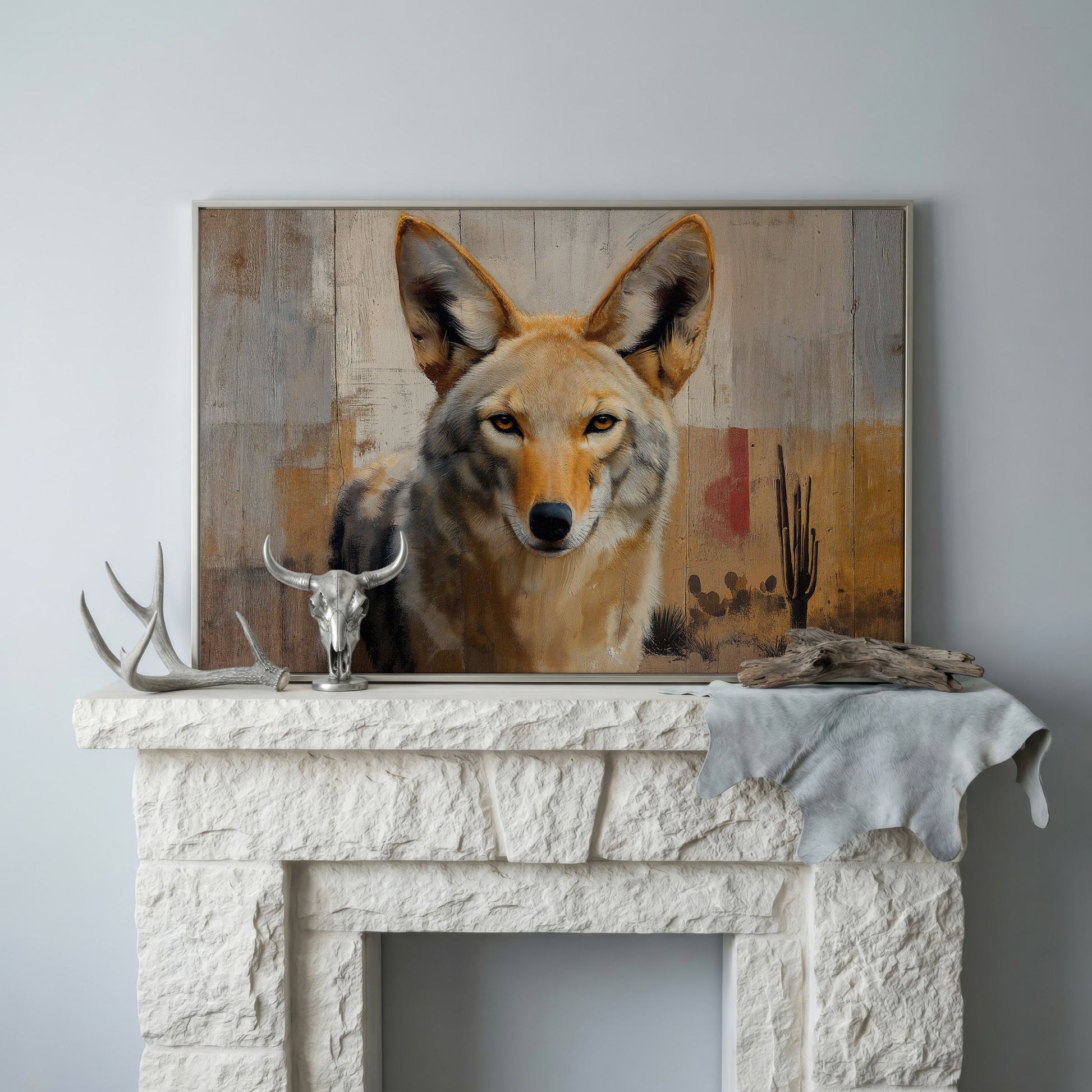 Coyote Portrait Canvas Art, Sonoran Desert with Saguaro Cacti in silver floating frame