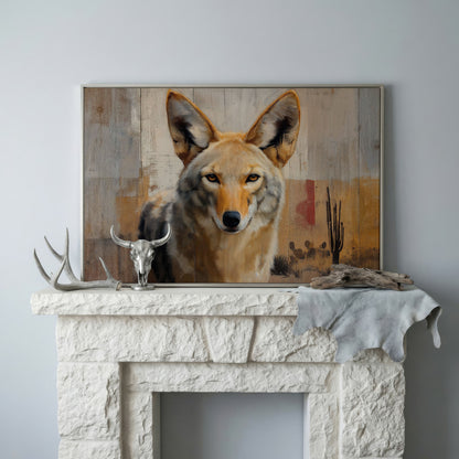 Coyote Portrait Canvas Art, Sonoran Desert with Saguaro Cacti in silver floating frame