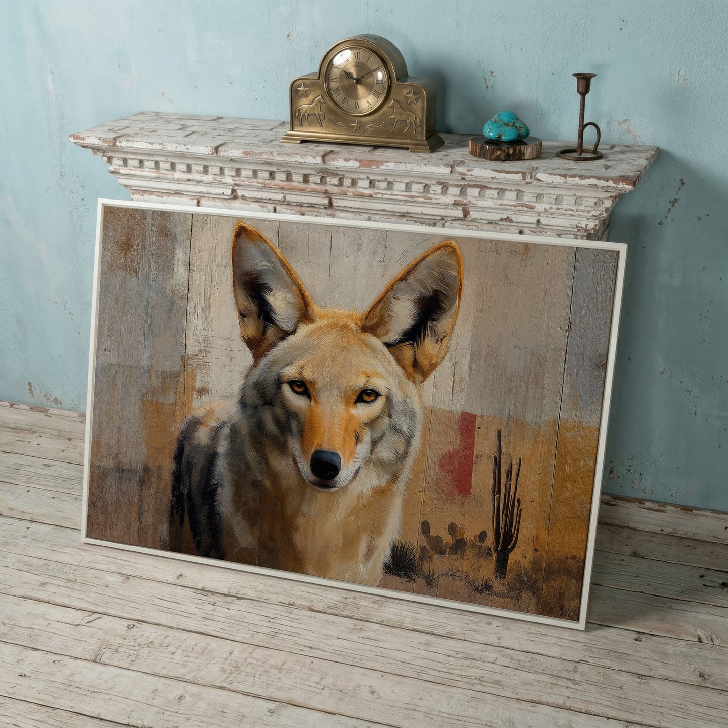 Coyote Portrait Canvas Art, Sonoran Desert with Saguaro Cacti in white floating frame