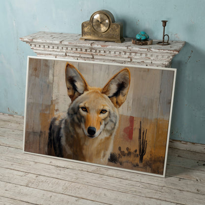 Coyote Portrait Canvas Art, Sonoran Desert with Saguaro Cacti in white floating frame