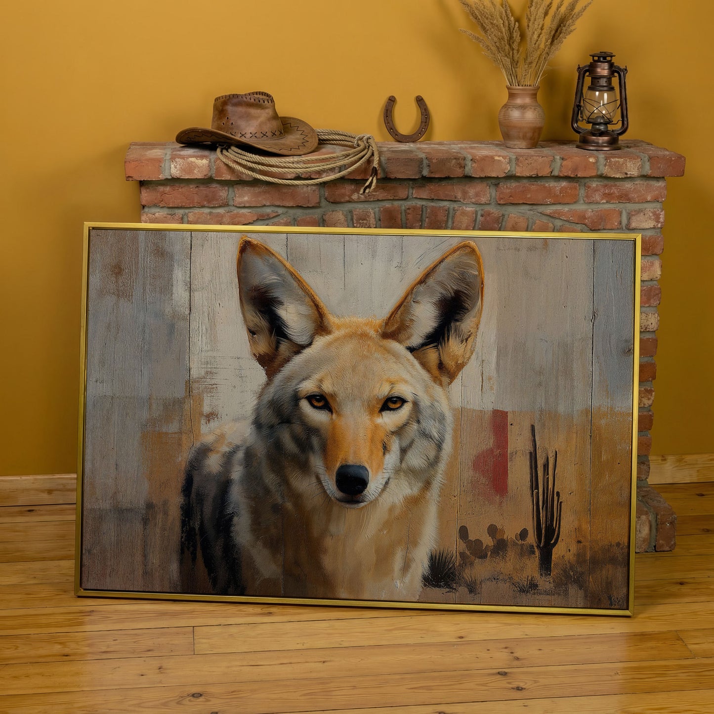 Coyote Portrait Canvas Art, Sonoran Desert with Saguaro Cacti in yellow gold floating frame
