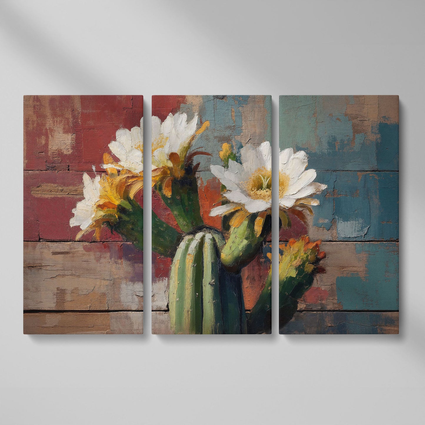 Prickly Pear Cactus with White and Yellow Blooms Canvas Art as 3-panel split version