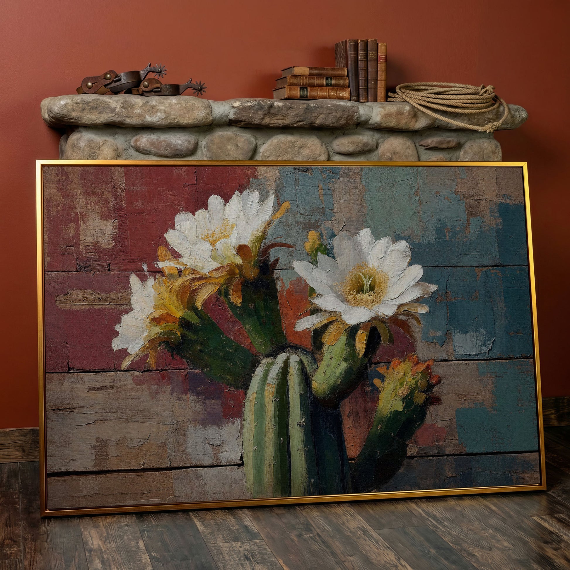 Prickly Pear Cactus with White and Yellow Blooms Canvas Art in antique gold floating frame