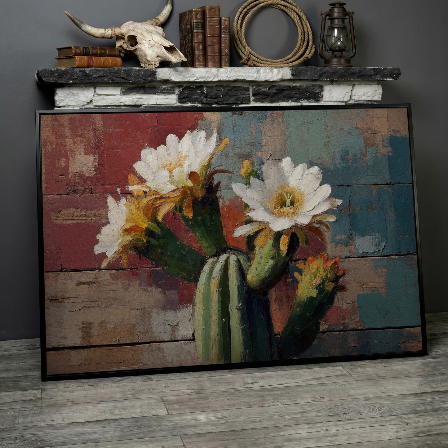 Prickly Pear Cactus with White and Yellow Blooms Canvas Art in black floating frame