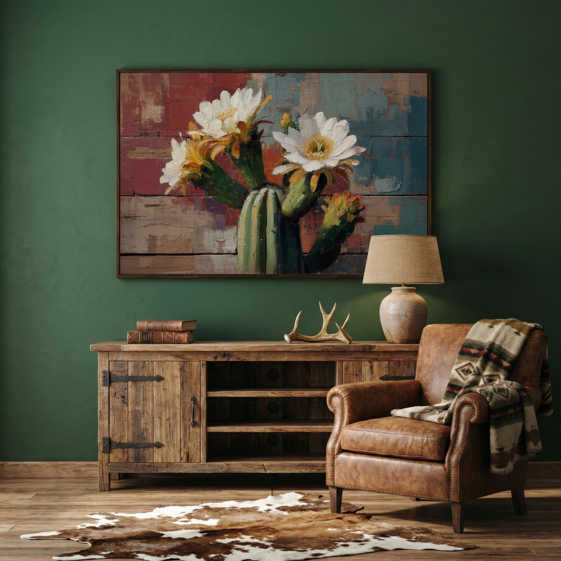 Prickly Pear Cactus with White and Yellow Blooms Canvas Art in dark walnut floating frame