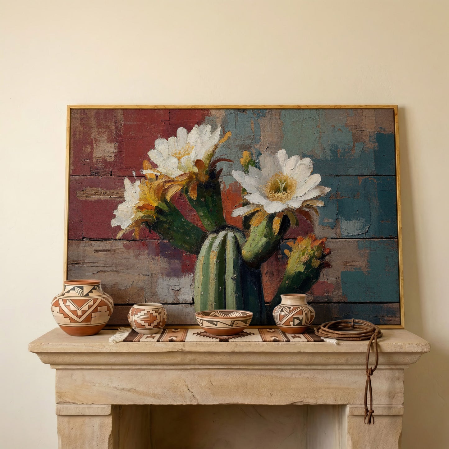 Prickly Pear Cactus with White and Yellow Blooms Canvas Art in white oak floating frame