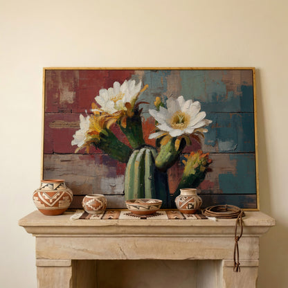 Prickly Pear Cactus with White and Yellow Blooms Canvas Art in white oak floating frame