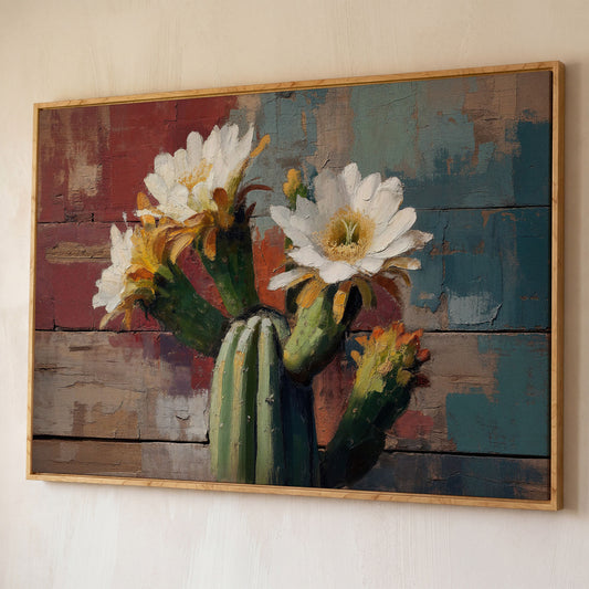 Prickly Pear Cactus with White and Yellow Blooms Canvas Art shown in white oak floating frame