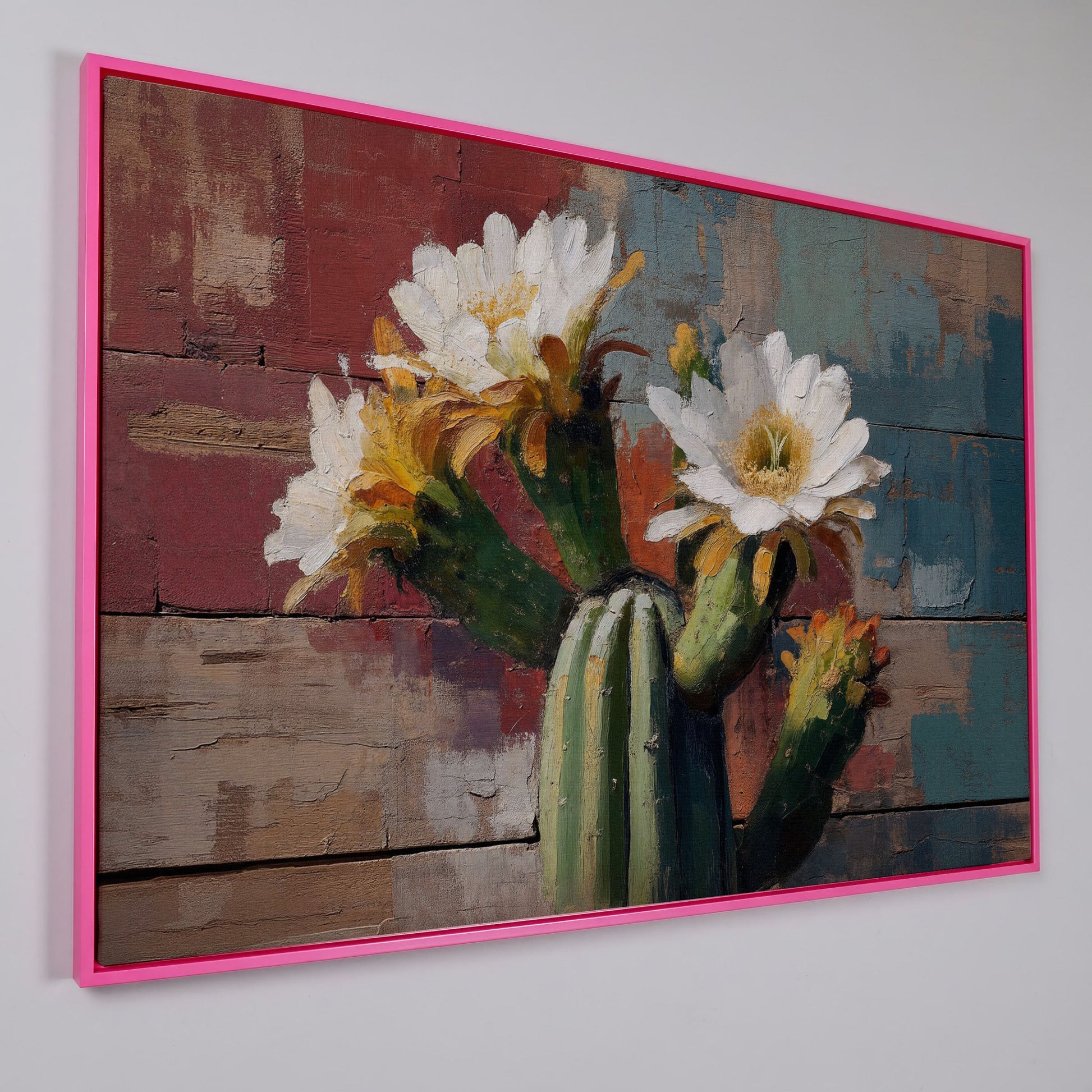 Prickly Pear Cactus with White and Yellow Blooms Canvas Art in pink floating frame
