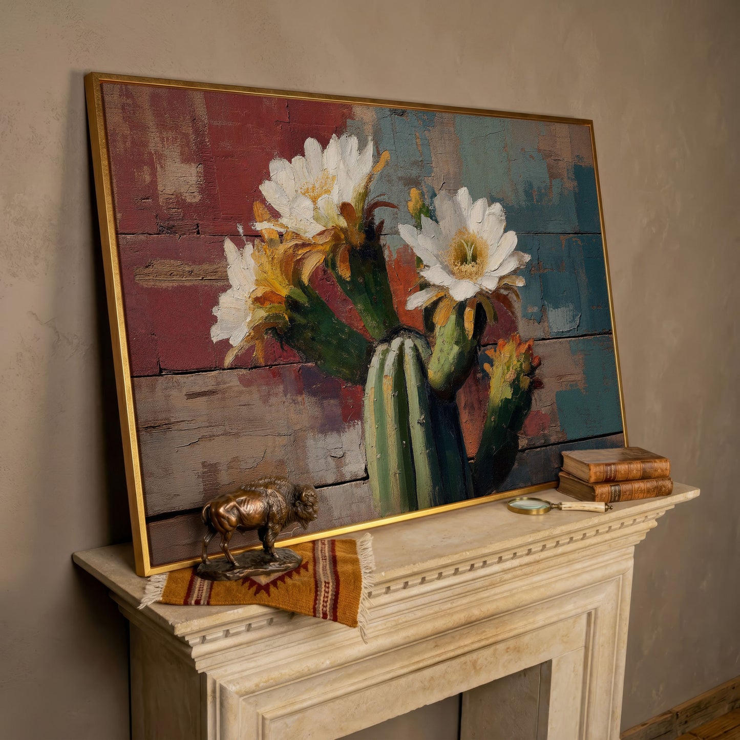 Prickly Pear Cactus with White and Yellow Blooms Canvas Art in rose gold floating frame