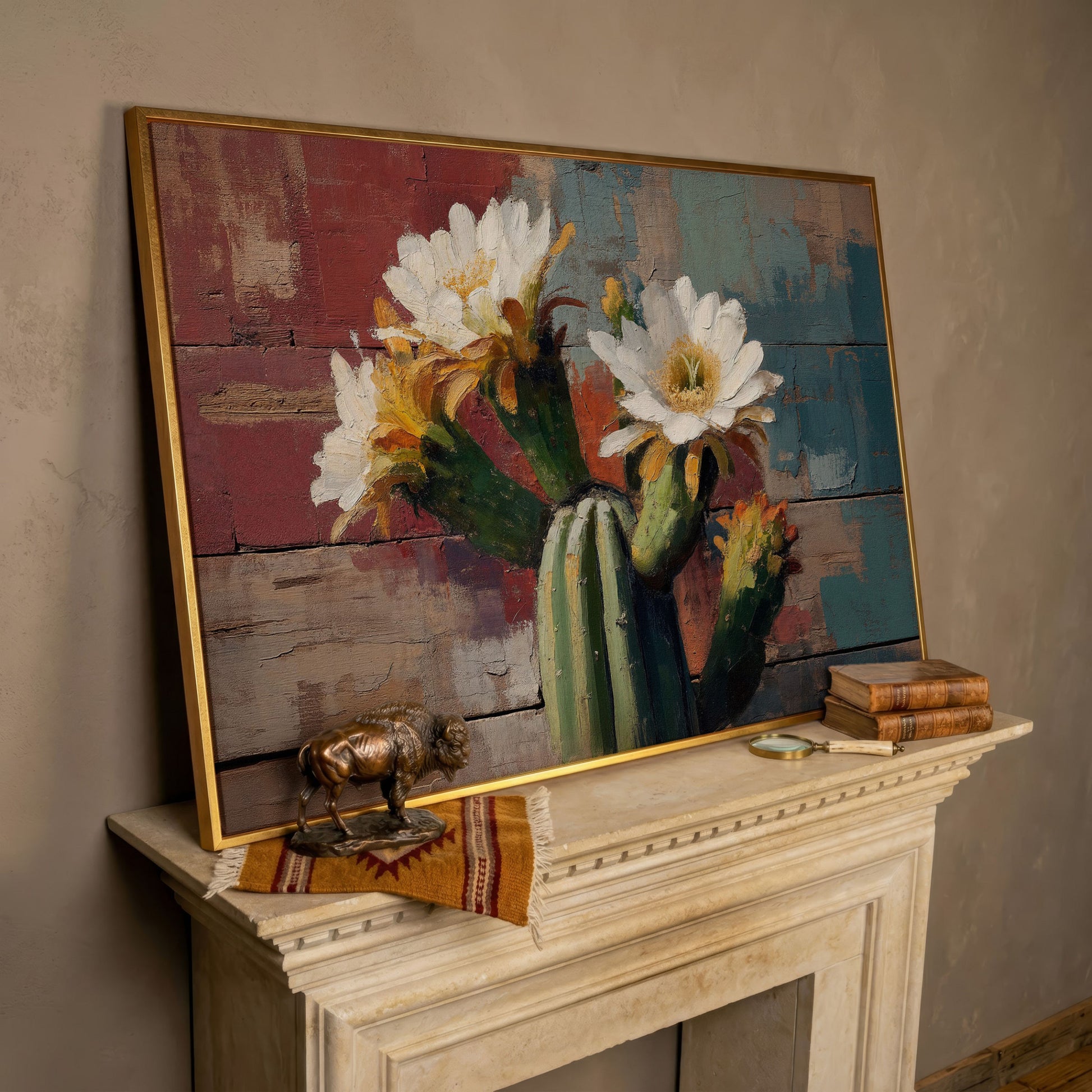 Prickly Pear Cactus with White and Yellow Blooms Canvas Art in rose gold floating frame