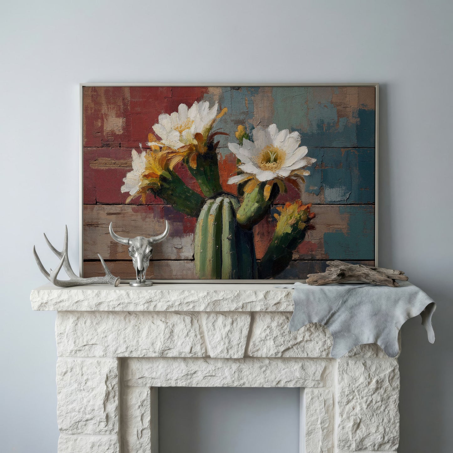 Prickly Pear Cactus with White and Yellow Blooms Canvas Art in silver floating frame