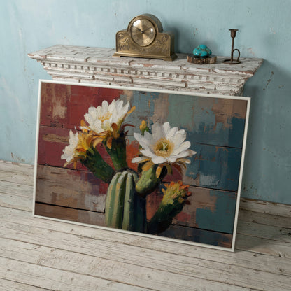 Prickly Pear Cactus with White and Yellow Blooms Canvas Art in white floating frame