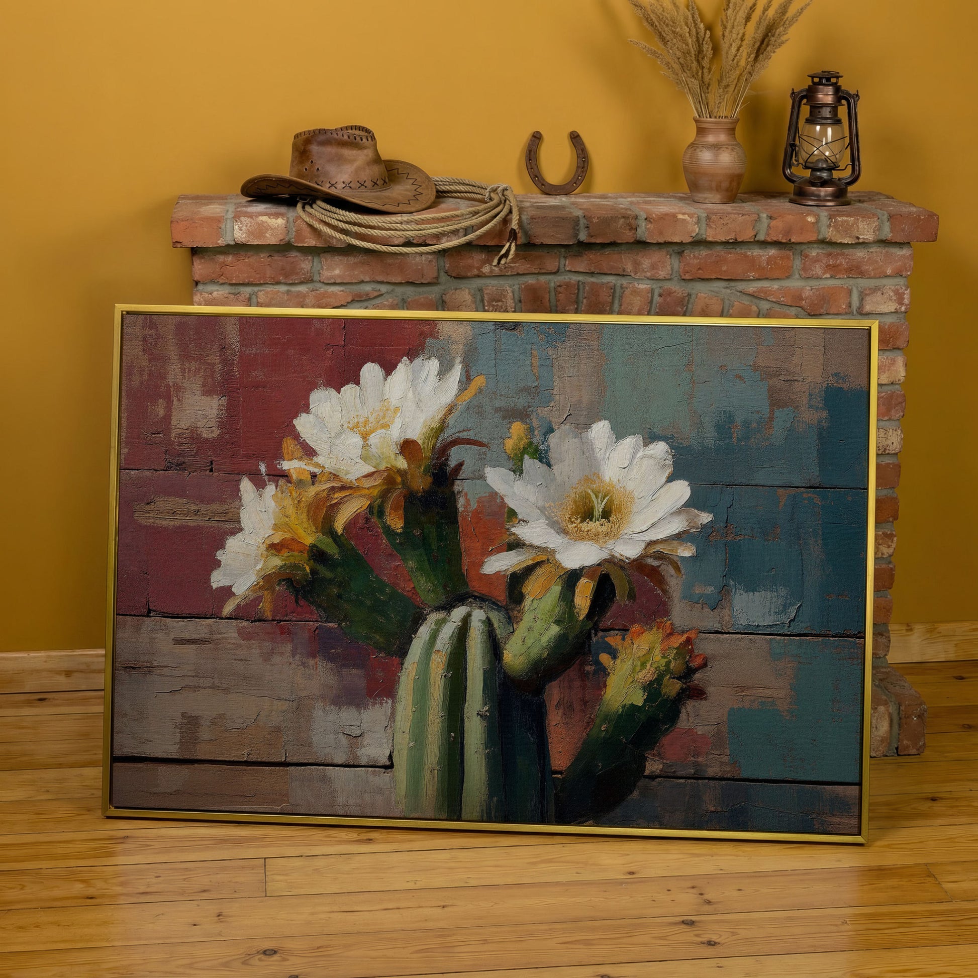 Prickly Pear Cactus with White and Yellow Blooms Canvas Art in yellow gold floating frame