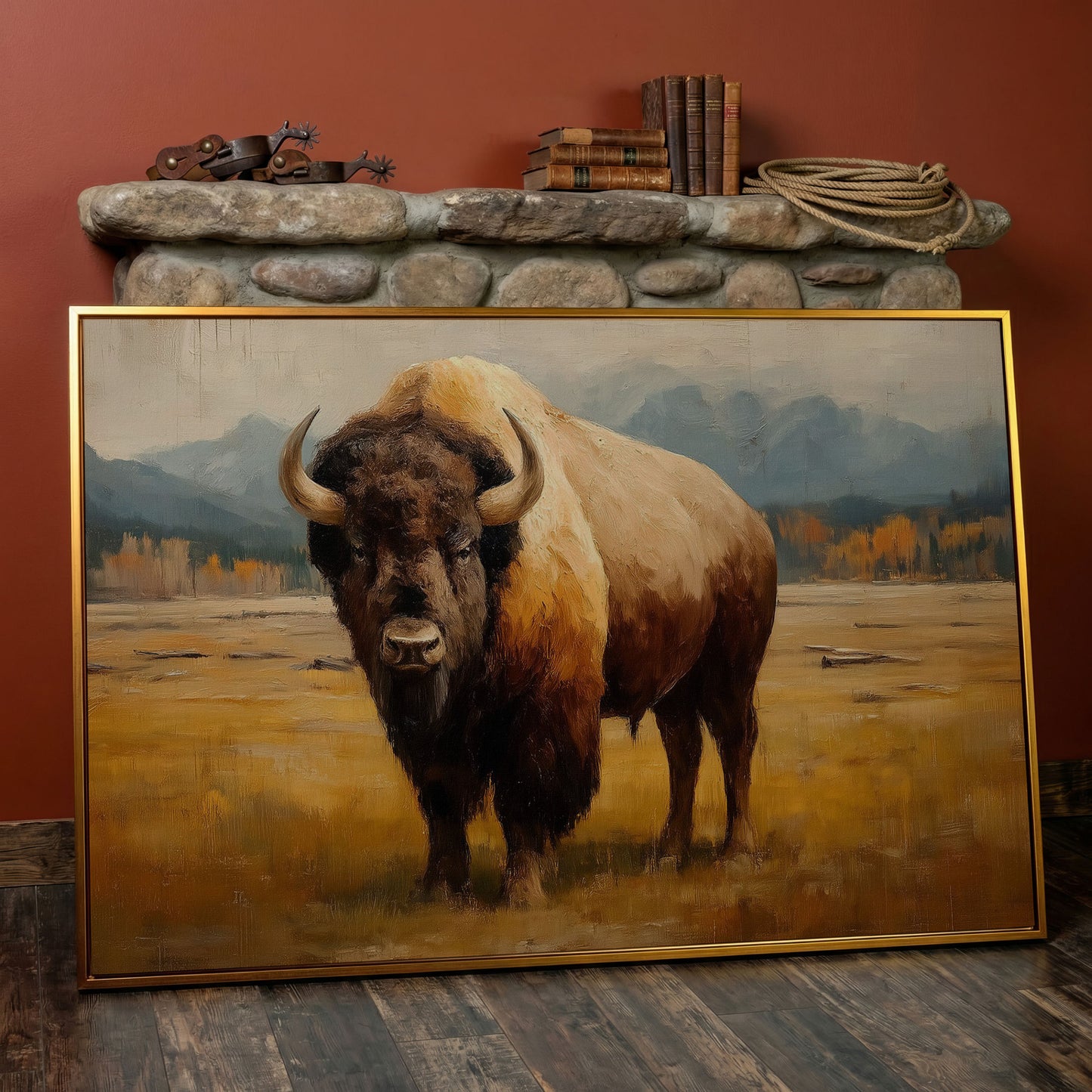 Bison in the Field Canvas Wall Art, Western Prairie Print in antique gold floating frame
