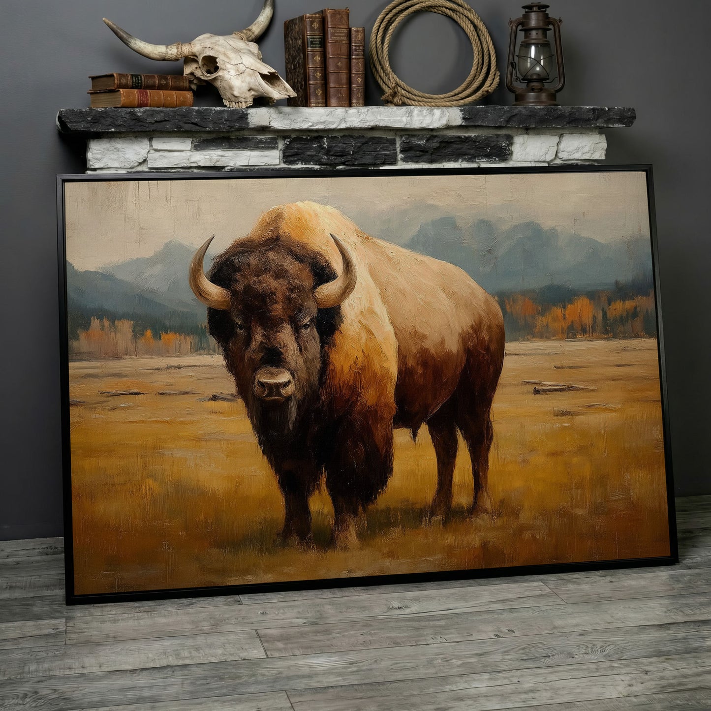 Bison in the Field Canvas Wall Art, Western Prairie Print in black floating frame