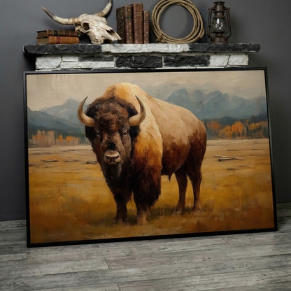 Bison in the Field Canvas Wall Art, Western Prairie Print in black floating frame