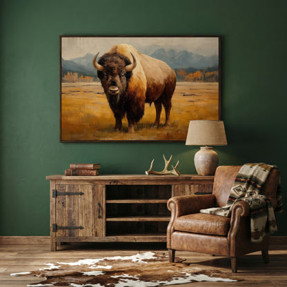 Bison in the Field Canvas Wall Art, Western Prairie Print in dark walnut floating frame