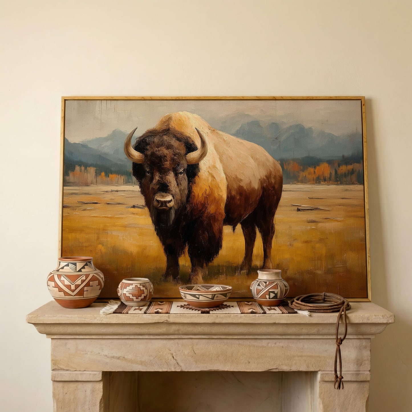 Bison in the Field Canvas Wall Art, Western Prairie Print in white oak floating frame