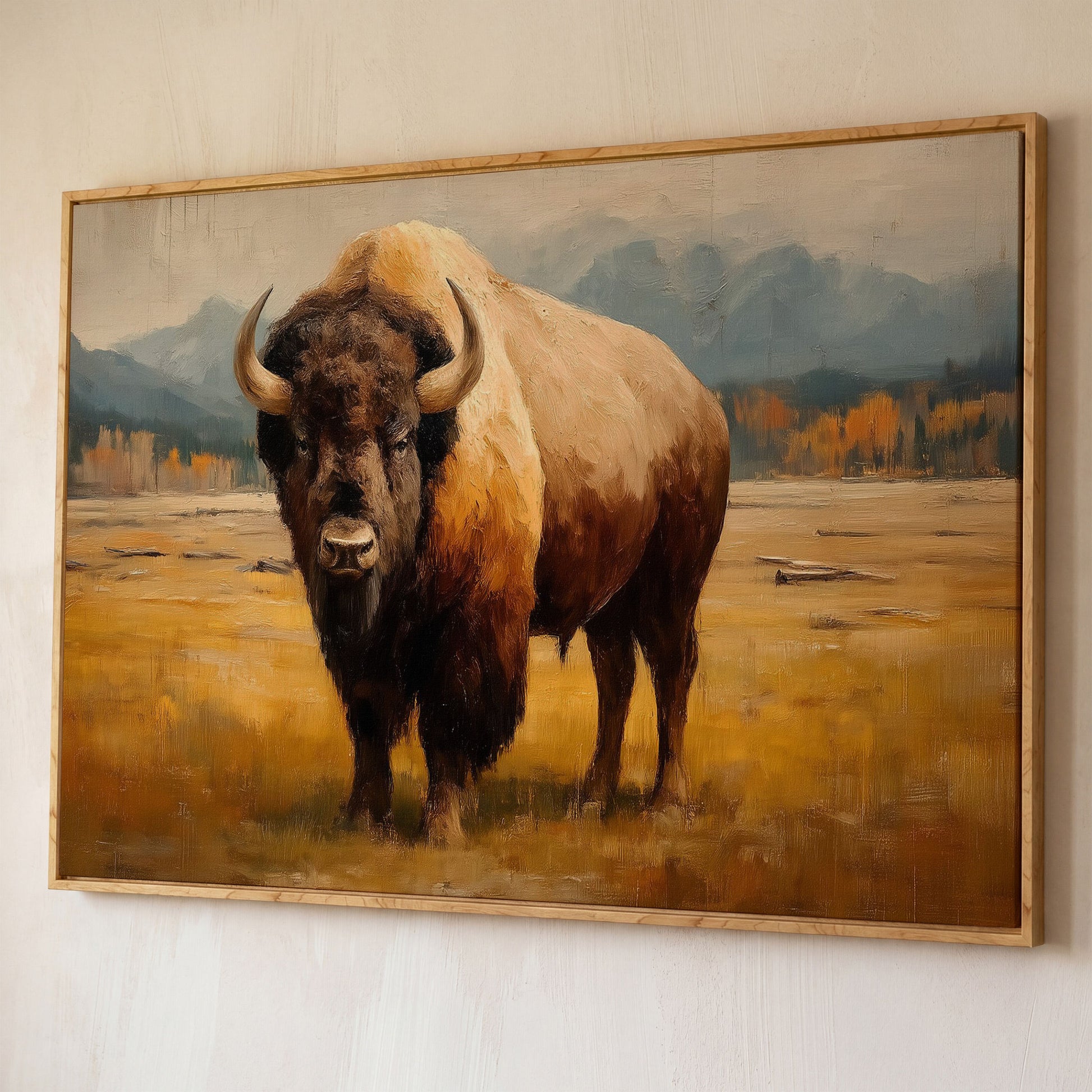 Bison in the Field Canvas Wall Art, Western Prairie Print shown in white oak floating frame