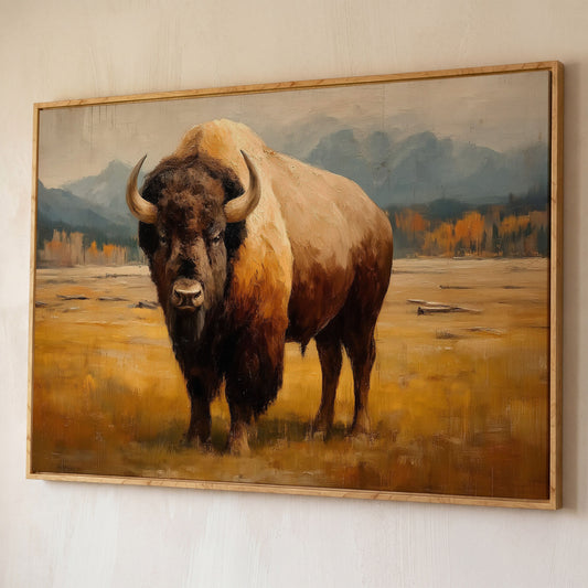 Bison in the Field Canvas Wall Art, Western Prairie Print shown in white oak floating frame