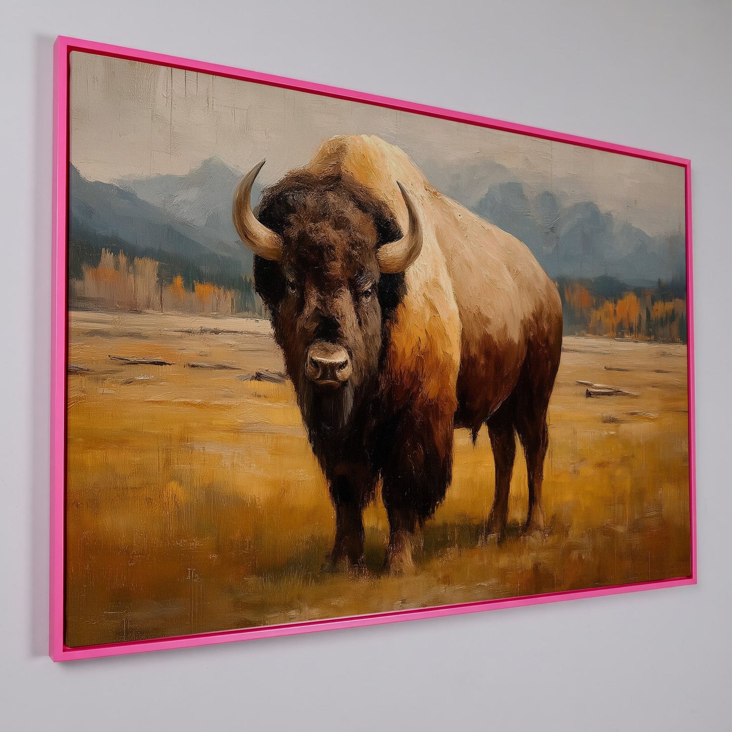 Bison in the Field Canvas Wall Art, Western Prairie Print in pink floating frame
