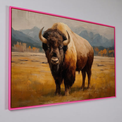 Bison in the Field Canvas Wall Art, Western Prairie Print in pink floating frame