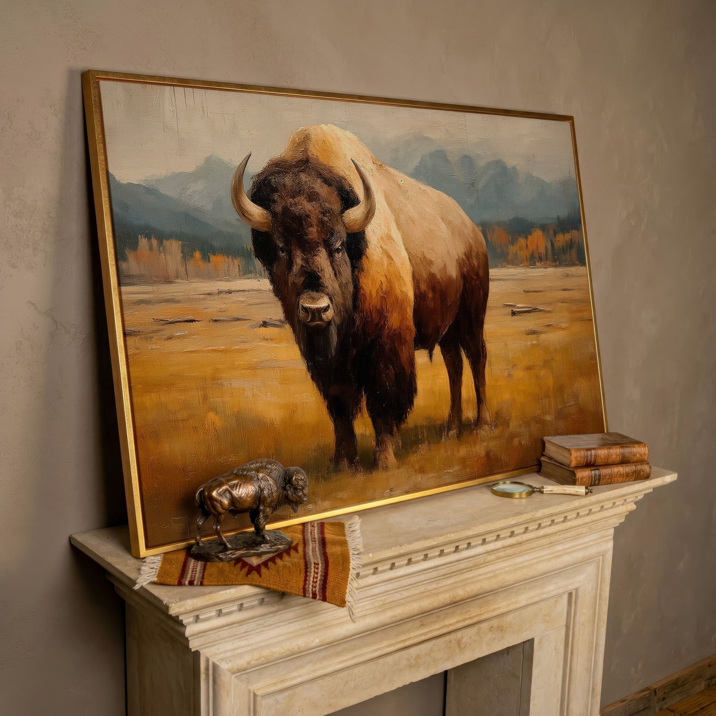 Bison in the Field Canvas Wall Art, Western Prairie Print in rose gold floating frame