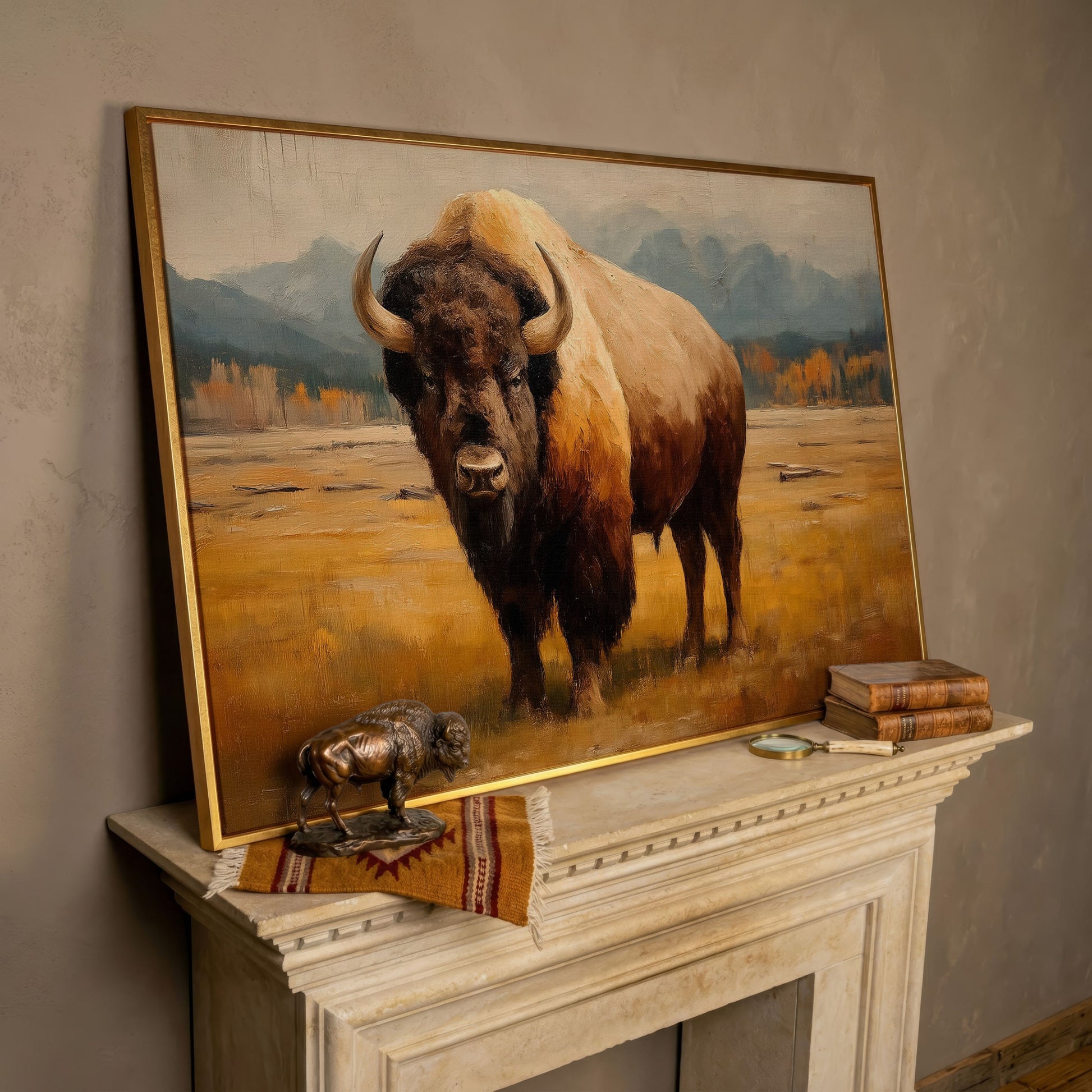Bison in the Field Canvas Wall Art, Western Prairie Print in rose gold floating frame