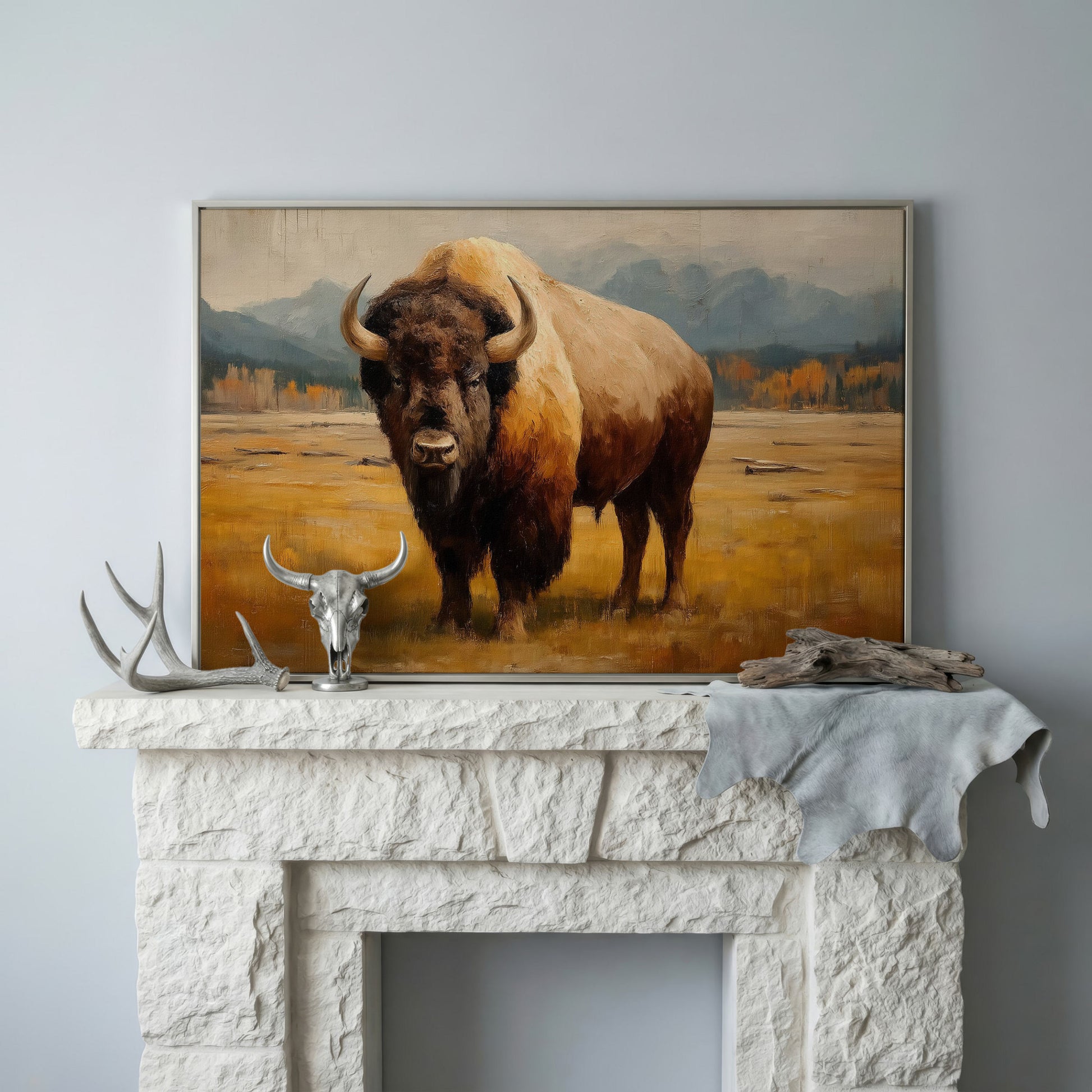 Bison in the Field Canvas Wall Art, Western Prairie Print in silver floating frame