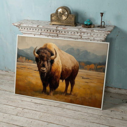 Bison in the Field Canvas Wall Art, Western Prairie Print in white floating frame