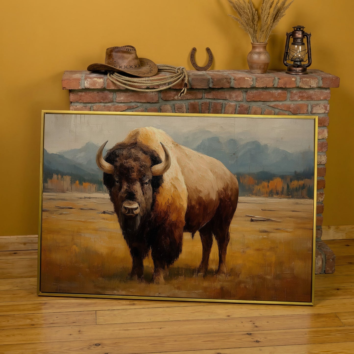 Bison in the Field Canvas Wall Art, Western Prairie Print in yellow gold floating frame