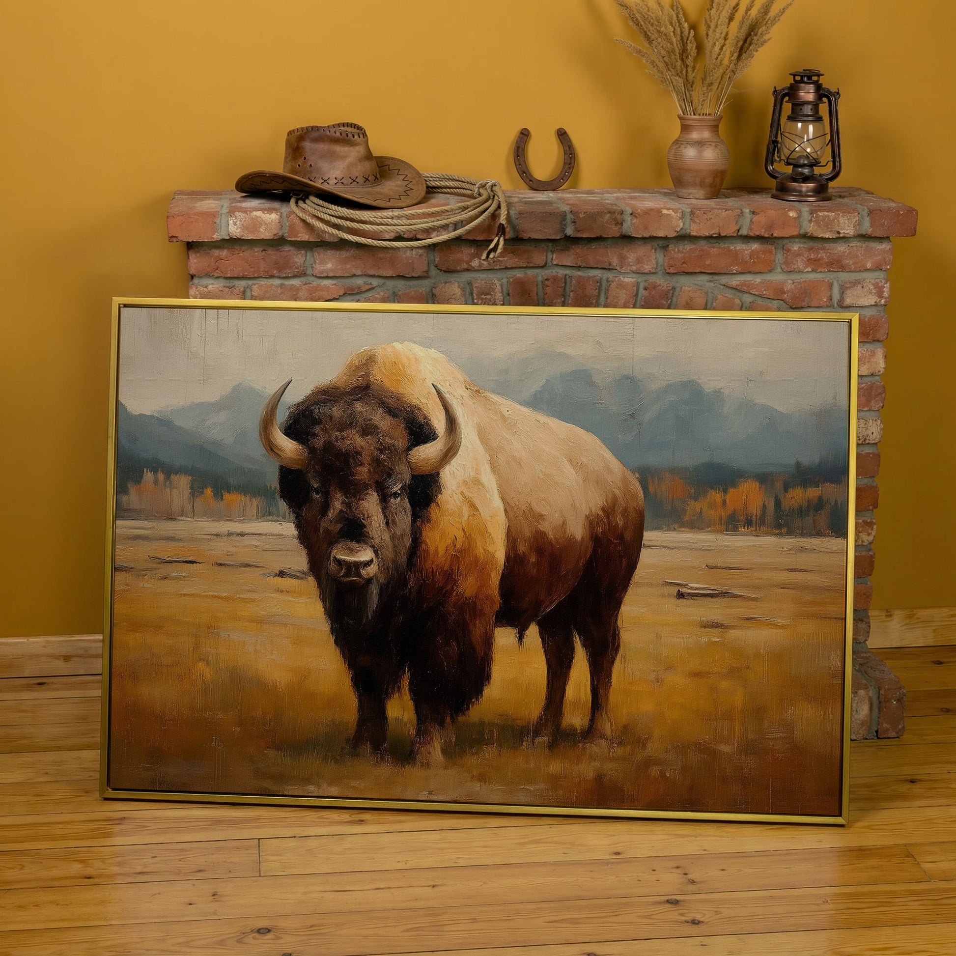 Bison in the Field Canvas Wall Art, Western Prairie Print in yellow gold floating frame